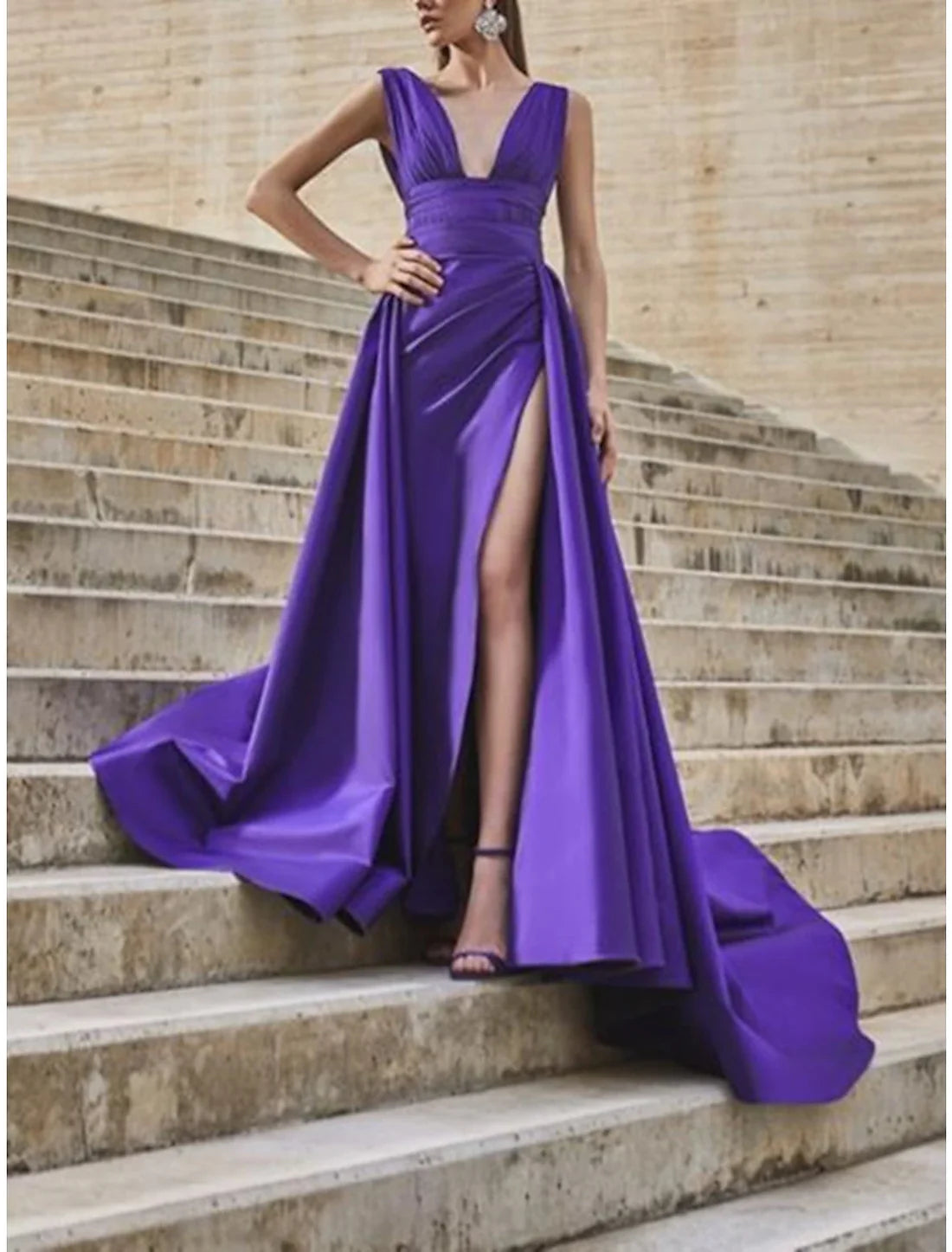 Luolandi A-Line Celebrity Style Minimalist Elegant Engagement Prom Dress V Neck Sleeveless Court Train Satin with Slit Overskirt Sexy Evening Dress